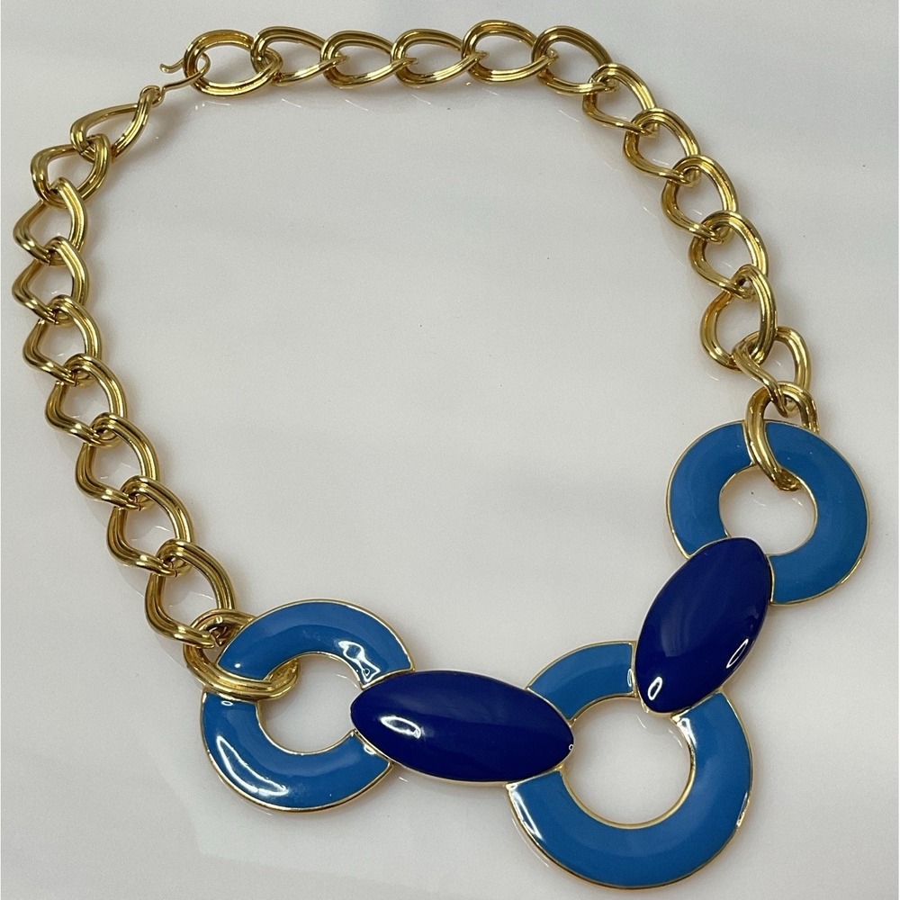 Vintage MONET Gold Tone Blue Enamel Chunky Chain Necklace 20" Statement Hook